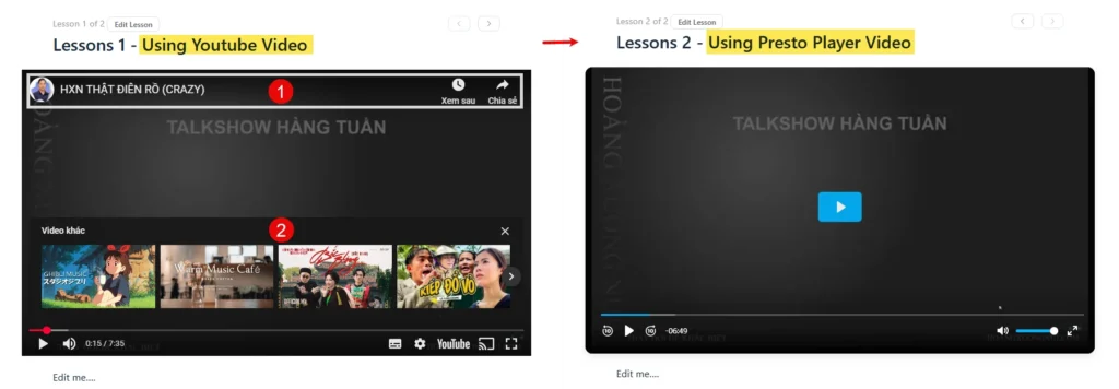 So sánh Sử dụng Video Youtube và Sử dụng Video Presto Player trên FluentCommunity