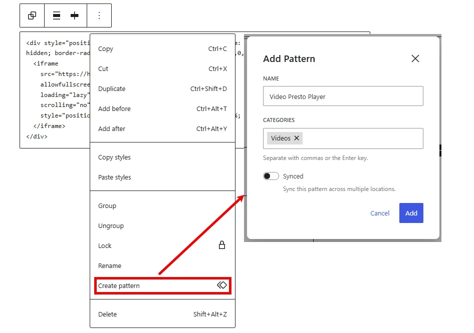 Create a Block Pattern with Custom HTML Code