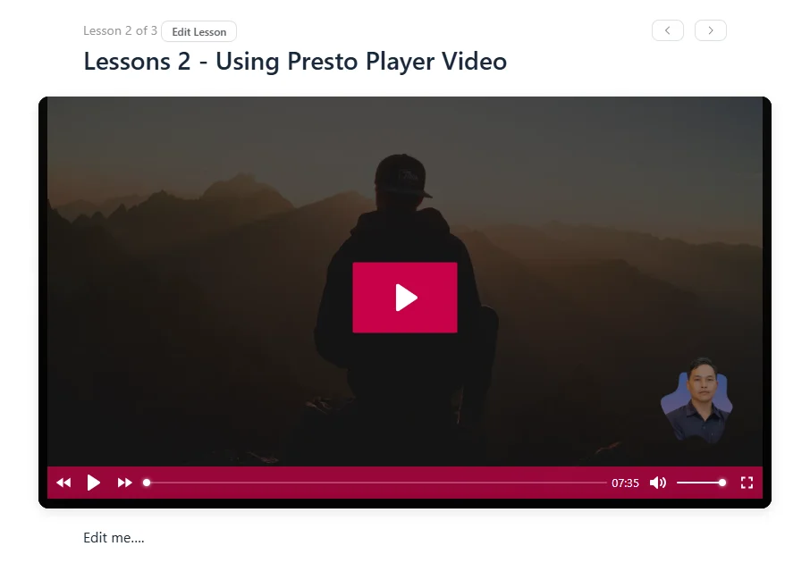 Kết quả khi Video Presto Player vào bài học trong khóa học của FluentCommunity