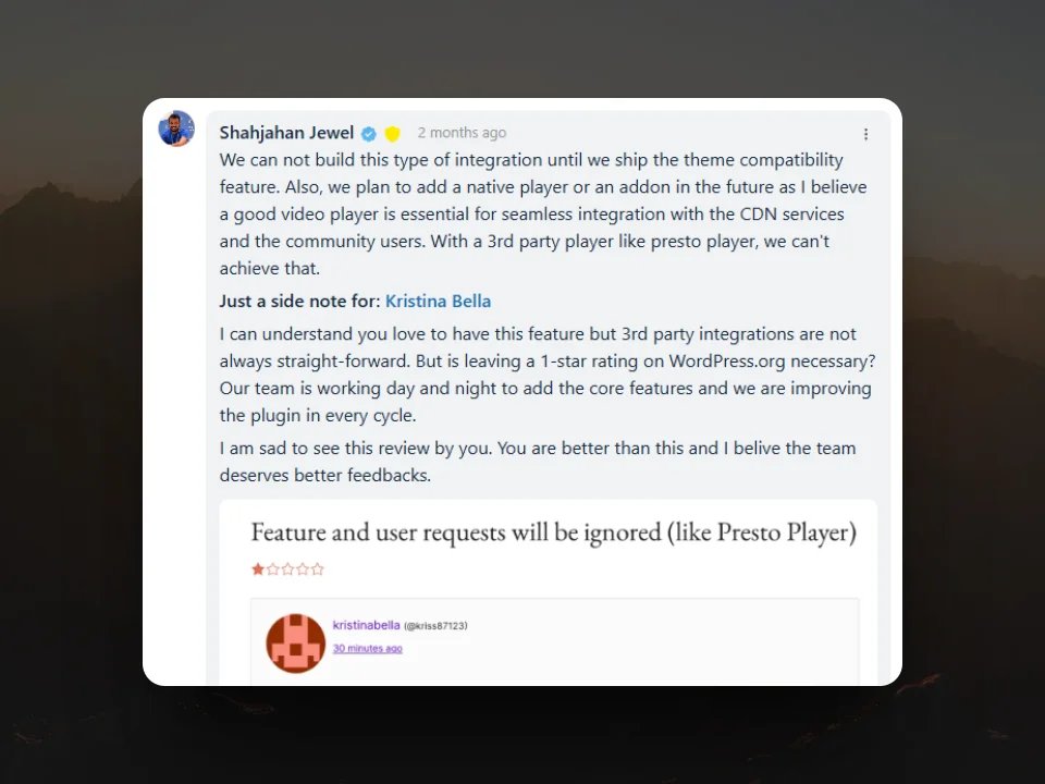 Shahjahan Jewel responds regarding the integration of Presto Player with FluentCommunity
