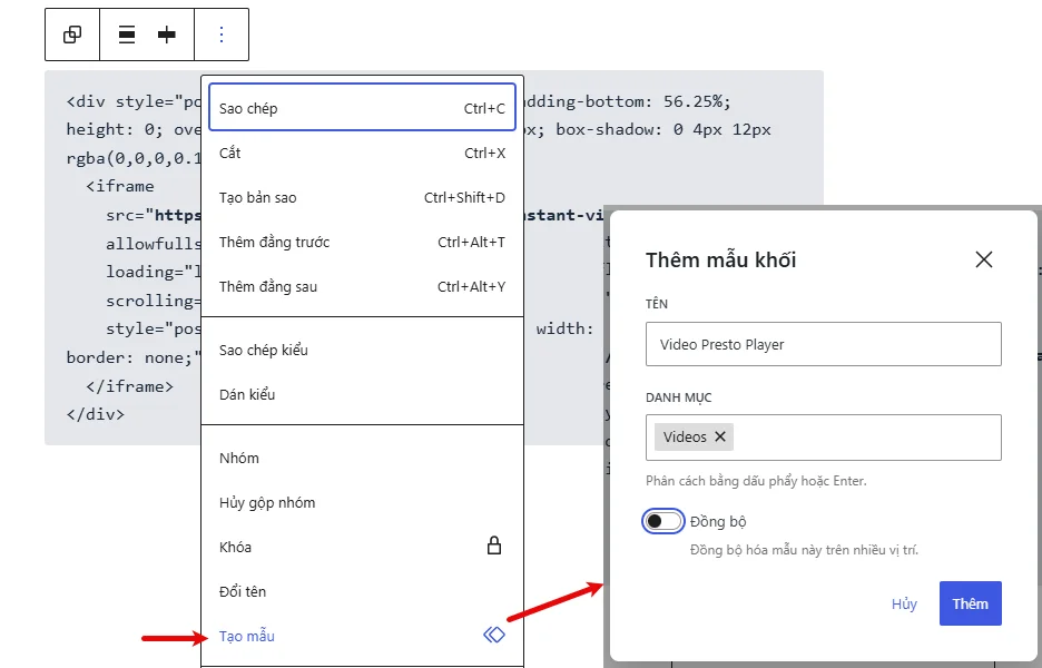 Tạo mẫu khối với Mã HTML tùy chỉnh