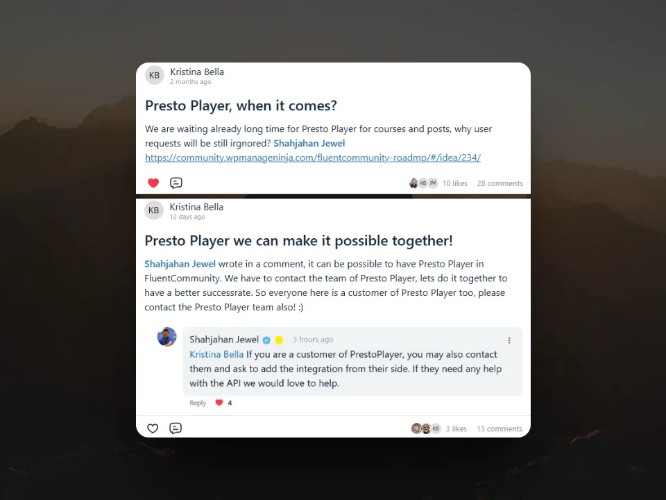 Users are consistently requesting the integration of Presto Player with FluentCommunity