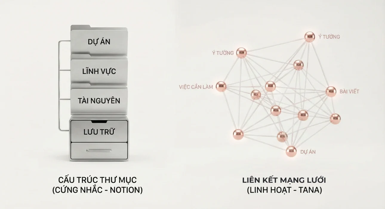 So sánh cấu trúc thư mục Notion và mạng lưới Graph Tana.