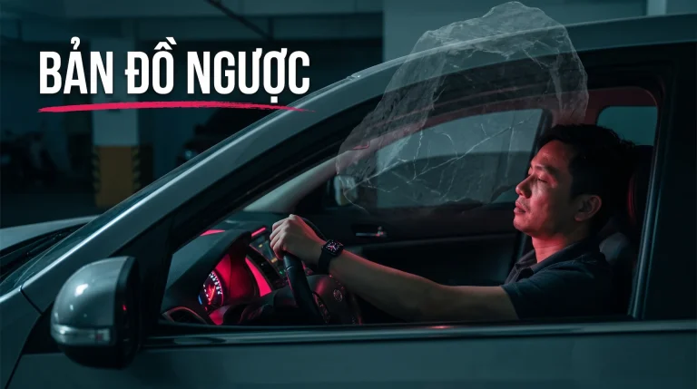 Người đàn ông ngồi ghế lái trong gara tối, mắt nhắm, kiệt sức; một tảng đá bán trong suốt đè trên nóc xe, bảng điều khiển hắt ánh hồng đỏ lên mặt, kèm chữ “BẢN ĐỒ NGƯỢC”.