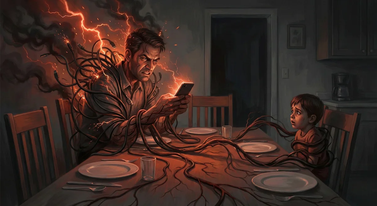 Minh họa hậu quả của sự quá tải thông tin lên gia đình: Người cha căng thẳng truyền năng lượng tiêu cực cho con cái.