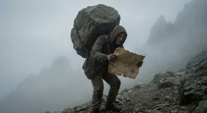 Người kiệt sức vác đá nặng đi trong sương mù dày đặc, trên tay cầm một tấm bản đồ bị ngược.