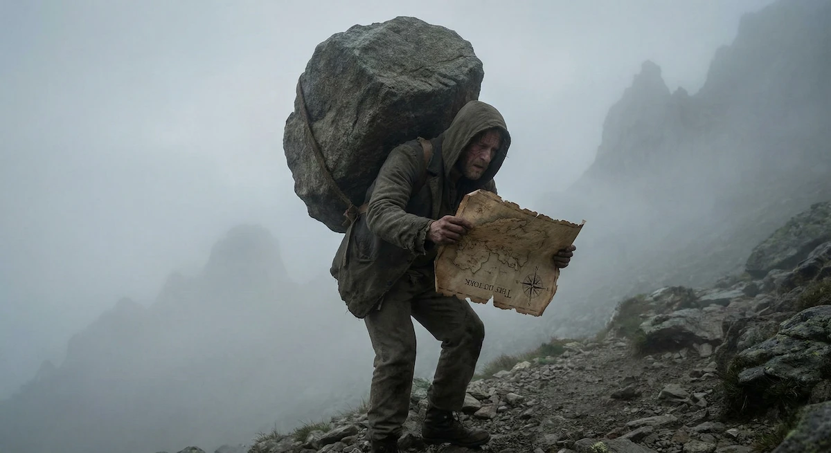 Người kiệt sức vác đá nặng đi trong sương mù dày đặc, trên tay cầm một tấm bản đồ bị ngược.