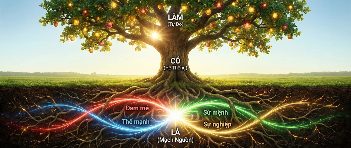 Bức tranh toàn cảnh infographic về Triết lý LÀ-CÓ-LÀM: Mạch Nguồn năng lượng 4 yếu tố (LÀ) dưới lòng đất nuôi dưỡng Cây Hệ Thống (CÓ) và Tán Lá Tự Do (LÀM) trên mặt đất.