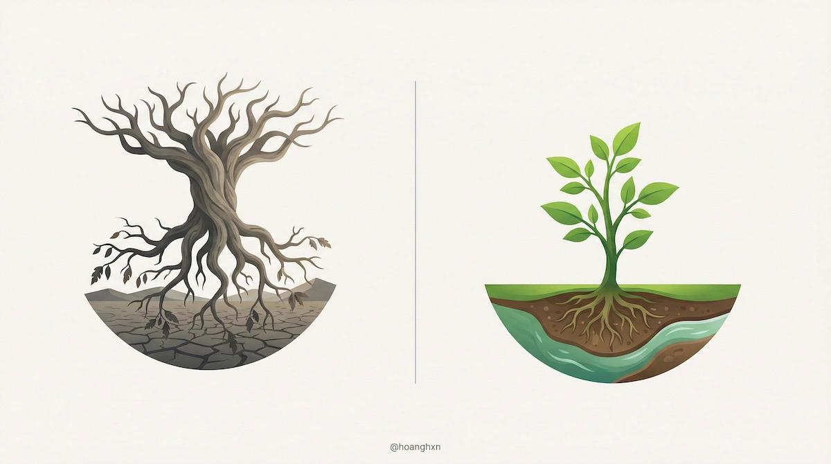 Hình ảnh so sánh một cây cổ thụ bị trồng ngược rễ khô héo (định vị sai) và một cây non xanh tốt rễ cắm sâu vào nguồn nước (định vị đúng theo LÀ CÓ LÀM).