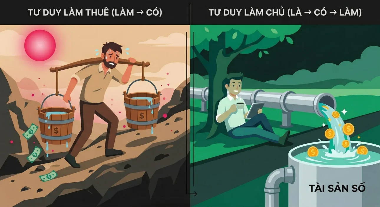 Sơ đồ so sánh hai bên: Bên trái là người xách nước kiệt sức trên đường dốc; bên phải là người thong dong xây dựng hệ thống đường ống tự chảy ra tiền vàng.