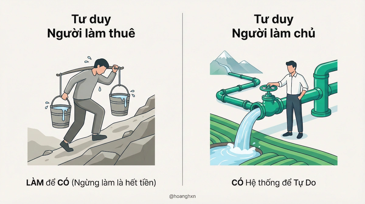 Sơ đồ so sánh tư duy người làm thuê đi xách nước (Làm để Có) và tư duy người làm chủ xây dựng hệ thống đường ống (Có hệ thống để Tự do).