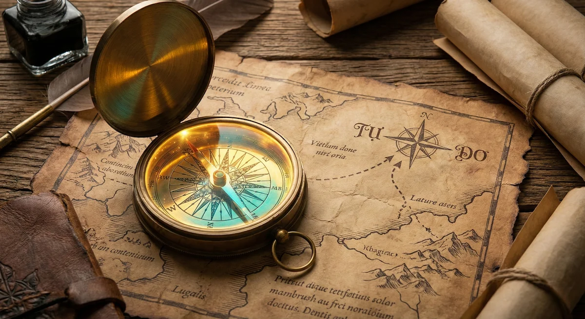 Chiếc la bàn bằng đồng phát sáng đặt trên tấm bản đồ cũ, kim chỉ về hướng "Tự Do", đại diện cho Thử thách 5 ngày kích hoạt bản đồ sự nghiệp.