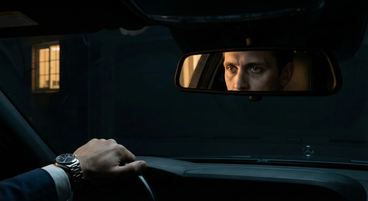 Cận cảnh đôi mắt trống rỗng của người đàn ông thành đạt nhìn qua gương chiếu hậu xe sang Mercedes trong gara tối, tay đeo đồng hồ hiệu đặt trên vô lăng.