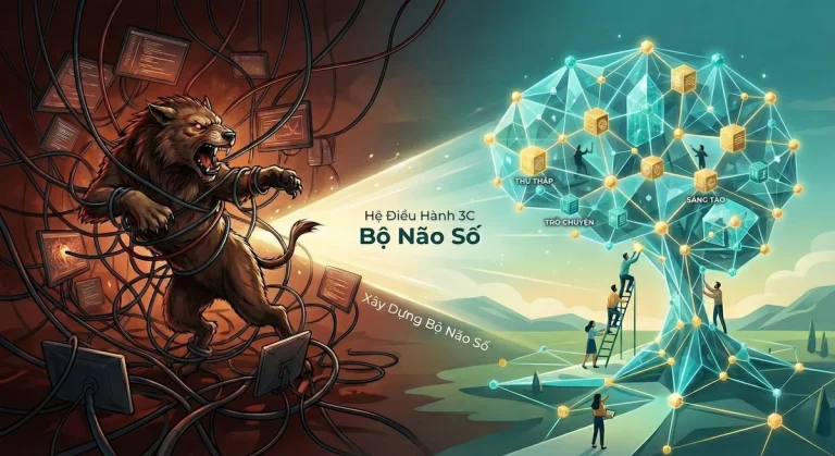 Minh họa sự chuyển đổi từ tâm trí hỗn loạn, bế tắc sang trật tự và tự do nhờ xây dựng bộ não số.