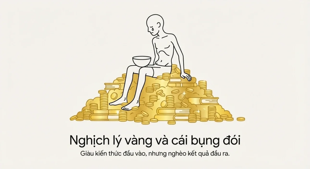 Minh họa nghịch lý của việc sở hữu khối lượng kiến thức khổng lồ (đống vàng) nhưng vẫn không tạo ra thu nhập thực tế (bụng đói).