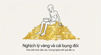 Minh họa nghịch lý của việc sở hữu khối lượng kiến thức khổng lồ (đống vàng) nhưng vẫn không tạo ra thu nhập thực tế (bụng đói).