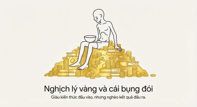 Minh họa nghịch lý của việc sở hữu khối lượng kiến thức khổng lồ (đống vàng) nhưng vẫn không tạo ra thu nhập thực tế (bụng đói).