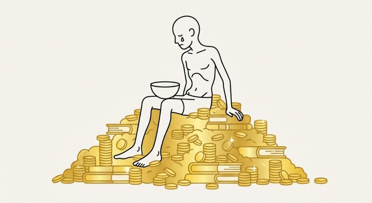 Minh họa nghịch lý của việc sở hữu khối lượng kiến thức khổng lồ (đống vàng) nhưng vẫn không tạo ra thu nhập thực tế (bụng đói).