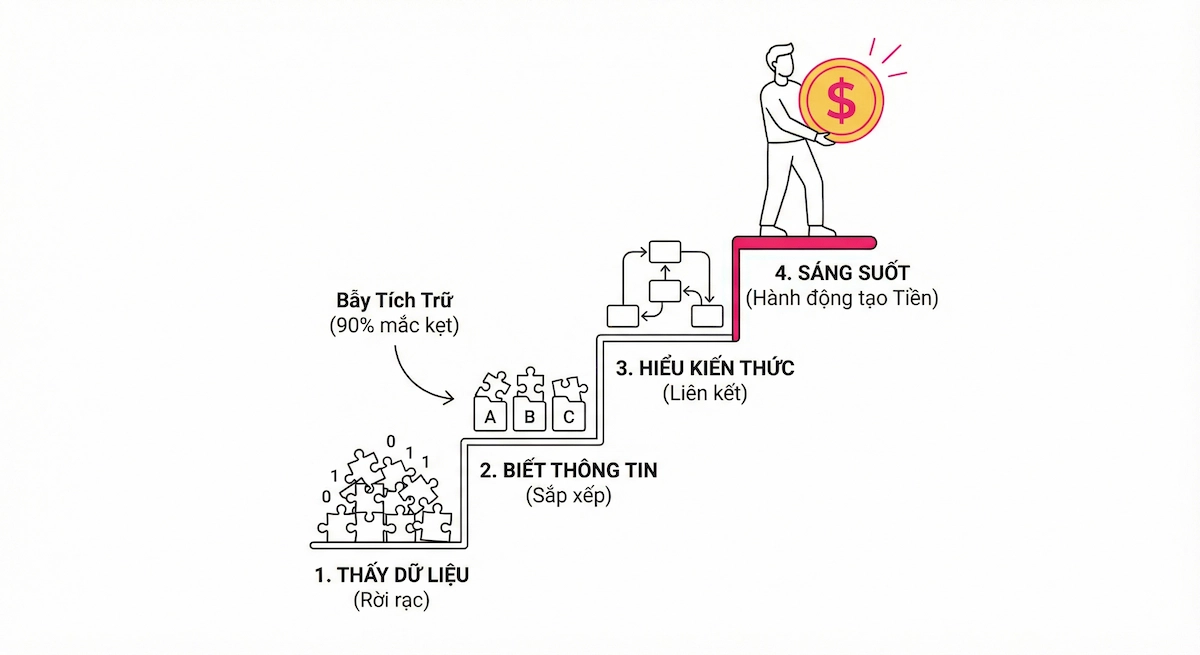 Sơ đồ 4 bậc thang nhận thức từ thấy dữ liệu rời rạc, đến sắp xếp thông tin, hiểu kiến thức và cuối cùng là sáng suốt hành động tạo ra tiền.