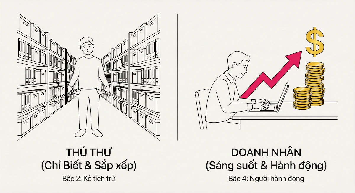So sánh giữa người chỉ biết sắp xếp thông tin (thủ thư) và người biết dùng thông tin để hành động tạo ra tiền (doanh nhân).