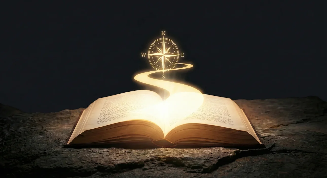 Hình ảnh ẩn dụ trên nền tối: Cuốn sách mở ra con đường ánh sáng dẫn tới chiếc la bàn định hướng, biểu tượng cho kỹ năng Viết để bán.