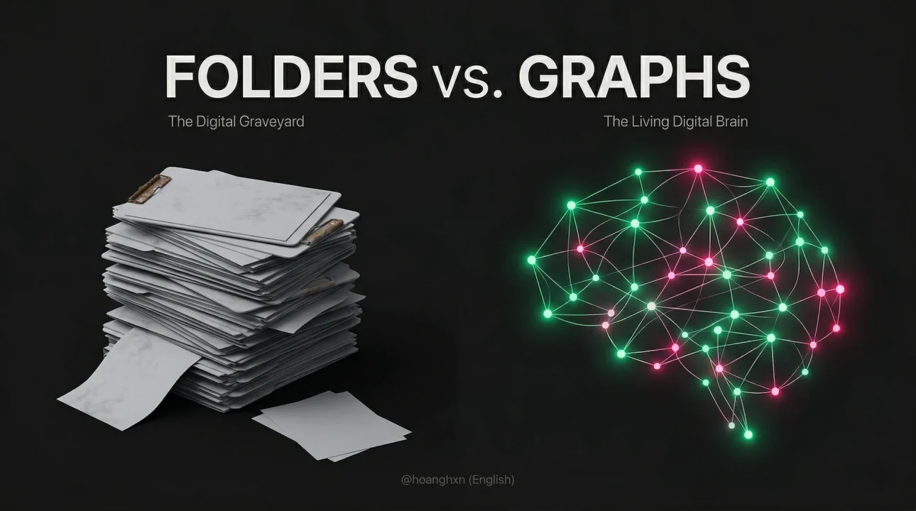 A minimalist comparison graphic showing messy rigid folders on the left versus a glowing interconnected knowledge graph on the right.