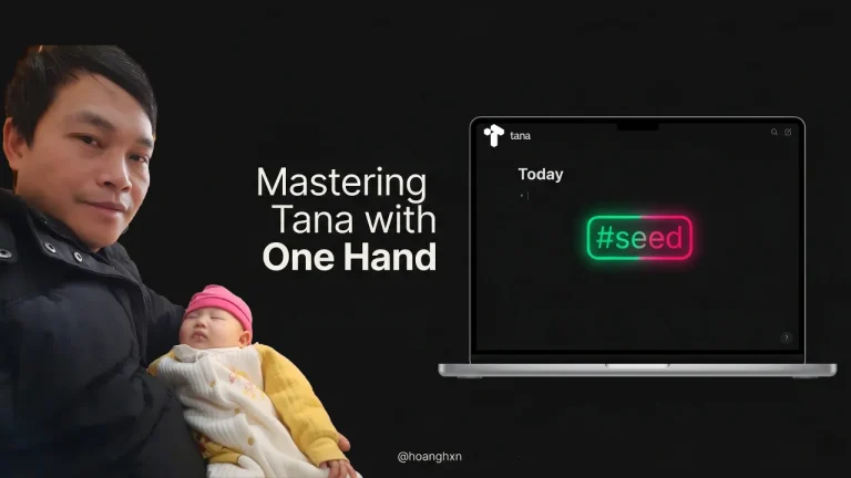 A father holding a sleeping baby in one arm while operating the Tana note-taking app on a laptop with his other hand.