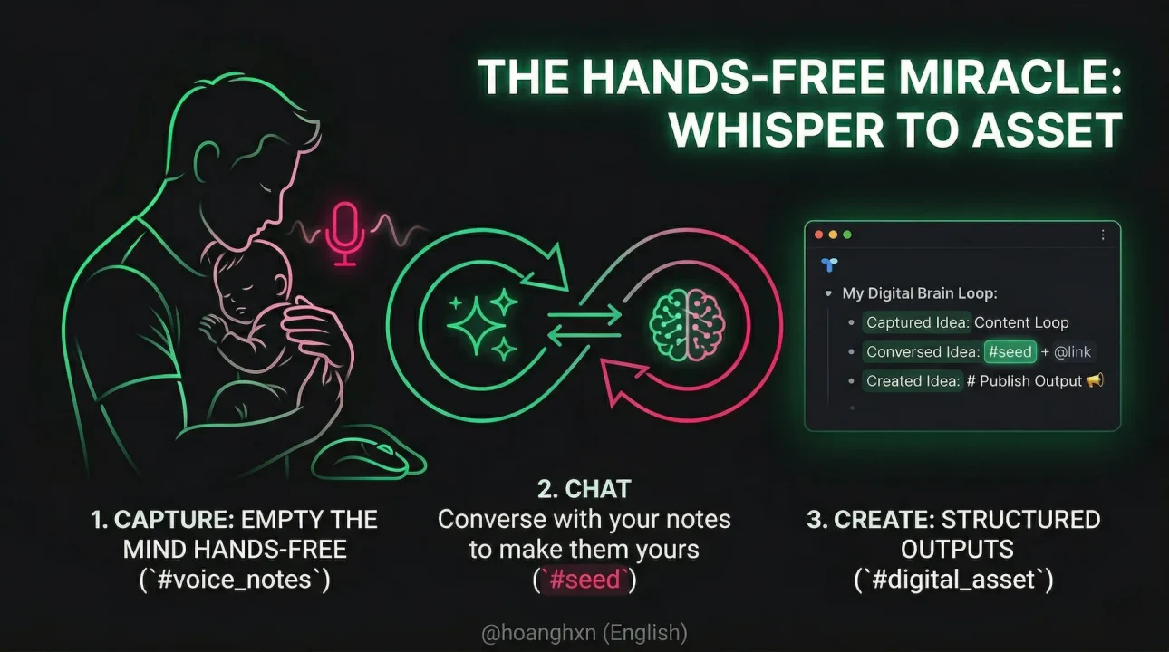 A minimalist workflow diagram showing a glowing pink audio wave transforming through AI into a structured Tana node tagged as a seed.