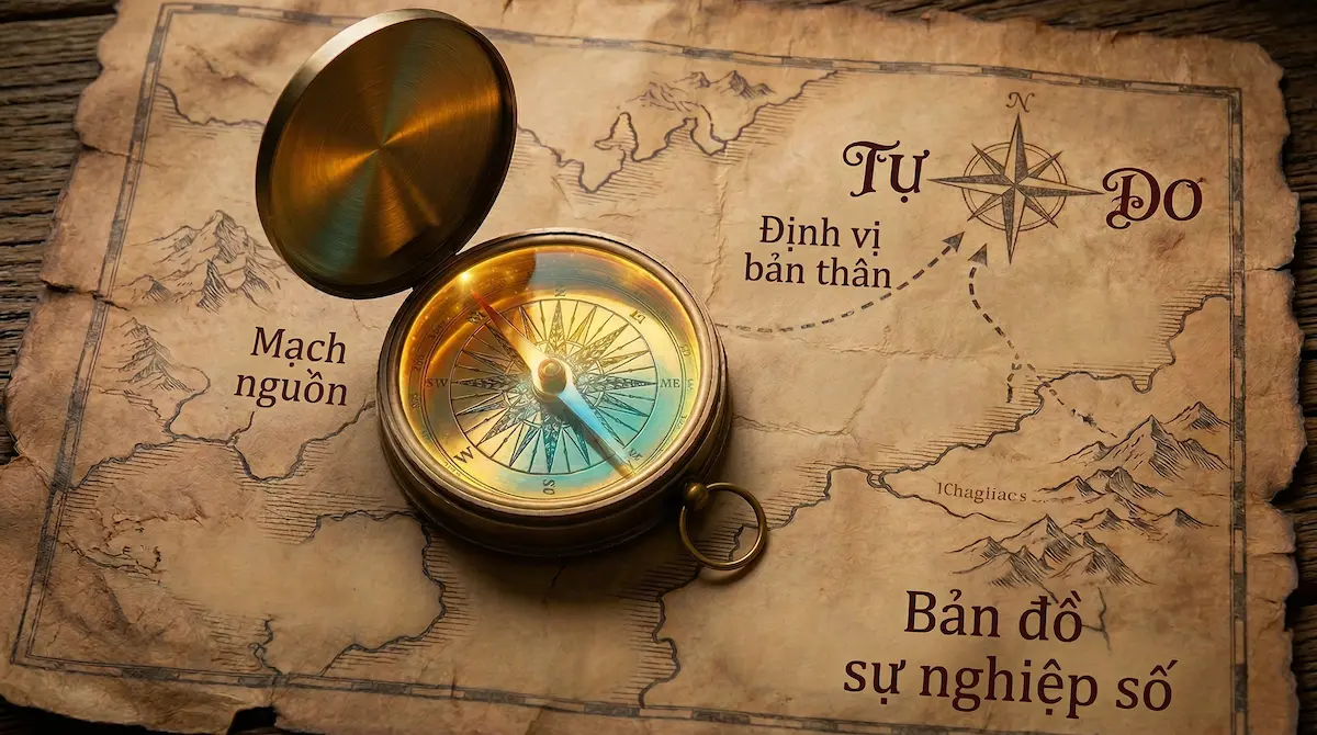 La bàn đồng cổ phát sáng đặt trên tấm bản đồ sờn cũ viết chữ Tự Do và Định vị bản thân, tượng trưng cho Bản Đồ Sự Nghiệp Số giúp thoát khỏi vòng lặp công việc.