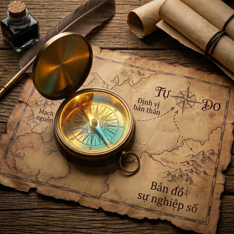 La bàn đồng cổ mở trên một bản đồ cổ vintage có dòng chữ tiếng Việt 'Tự Do', 'Định vị bản thân' và 'Bản đồ sự nghiệp số' để biểu thị định hướng nghề nghiệp.