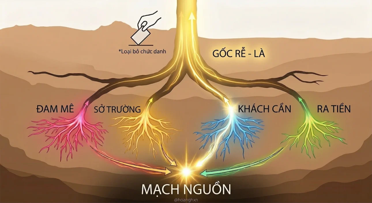 Sơ đồ infographic hướng dẫn người tự kinh doanh tìm Mạch Nguồn LÀ-CÓ-LÀM, bắt đầu bằng việc gỡ bỏ chức danh xã hội để định vị bản thân dựa trên đam mê, sở trường, nhu cầu thị trường và nguồn thu nhập.