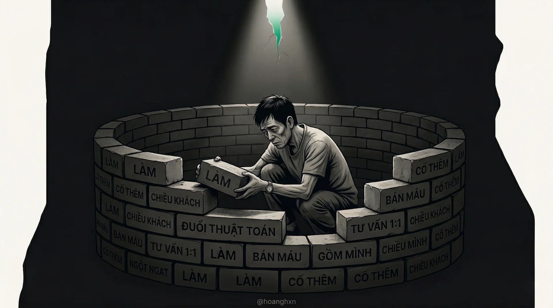 Người tự kinh doanh kiệt sức đang tự xây nhà tù bằng gạch khắc chữ LÀM, CỐ THÊM, ĐUỔI THUẬT TOÁN.