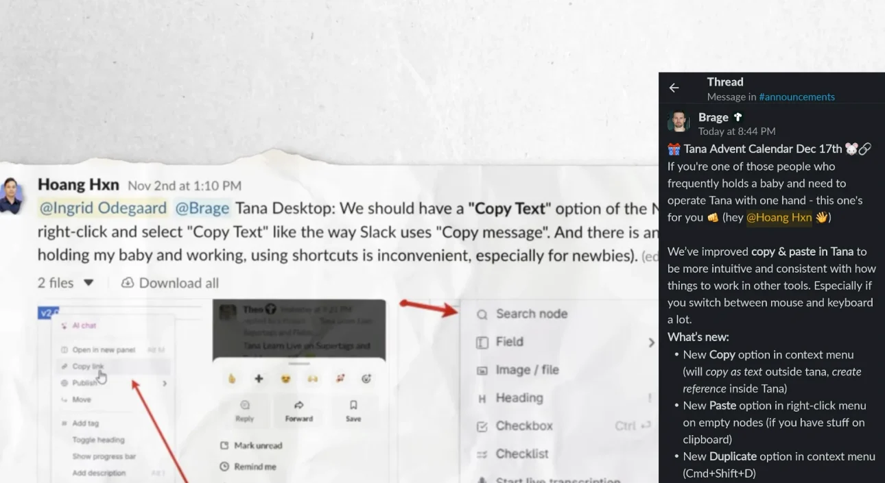 A father holding his sleeping baby in one arm while navigating the Tana app with a computer mouse using his other hand.