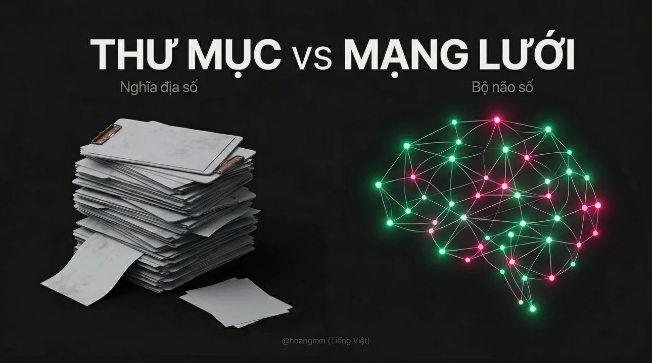 Hình ảnh so sánh tàn nhẫn giữa Thư mục cứng nhắc bên trái (Nghĩa địa số) và Đồ thị tri thức phát sáng bên phải (Bộ não số) trên nền đen.